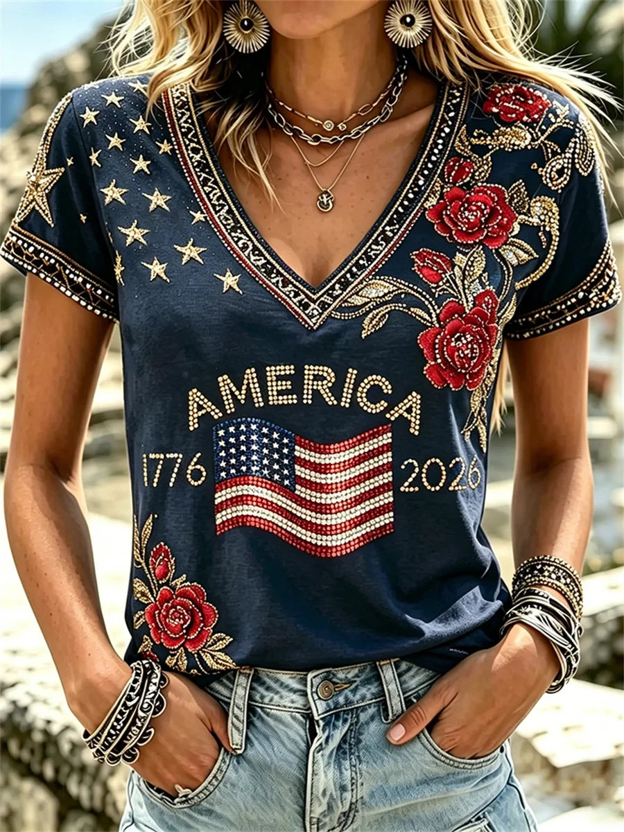 America 1776-2026 American Flag V-Neck Shirt Roses America Flag Shirt Best Gifts - Merchluma
