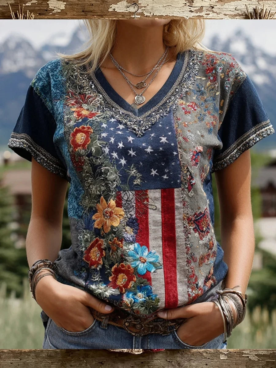 USA 250 Years Of Freedom V-Neck Shirt 1776-2026 America Vintage Floral Clothing Useful Gifts - Merchluma