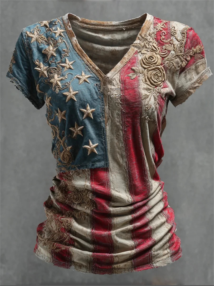 Vintage Roses American Flag V-Neck Shirt 250 Years Of Freedom Merch Patriotic Gifts - Merchluma