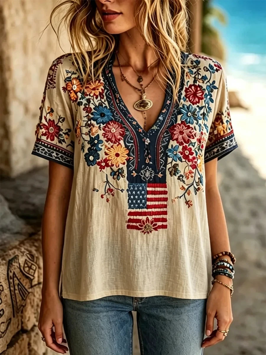USA 1776 2026 Classy V-Neck Shirt Roses American Flag Clothes Moms Day Gifts - Merchluma