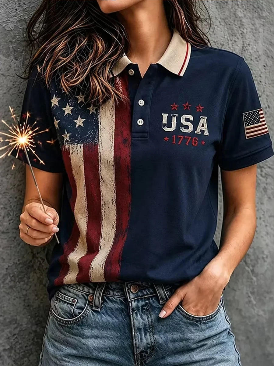 Independence Day Flag Polo Shirt USA 250th Anniversary Patriotic Clothes Gift For Her - Merchluma