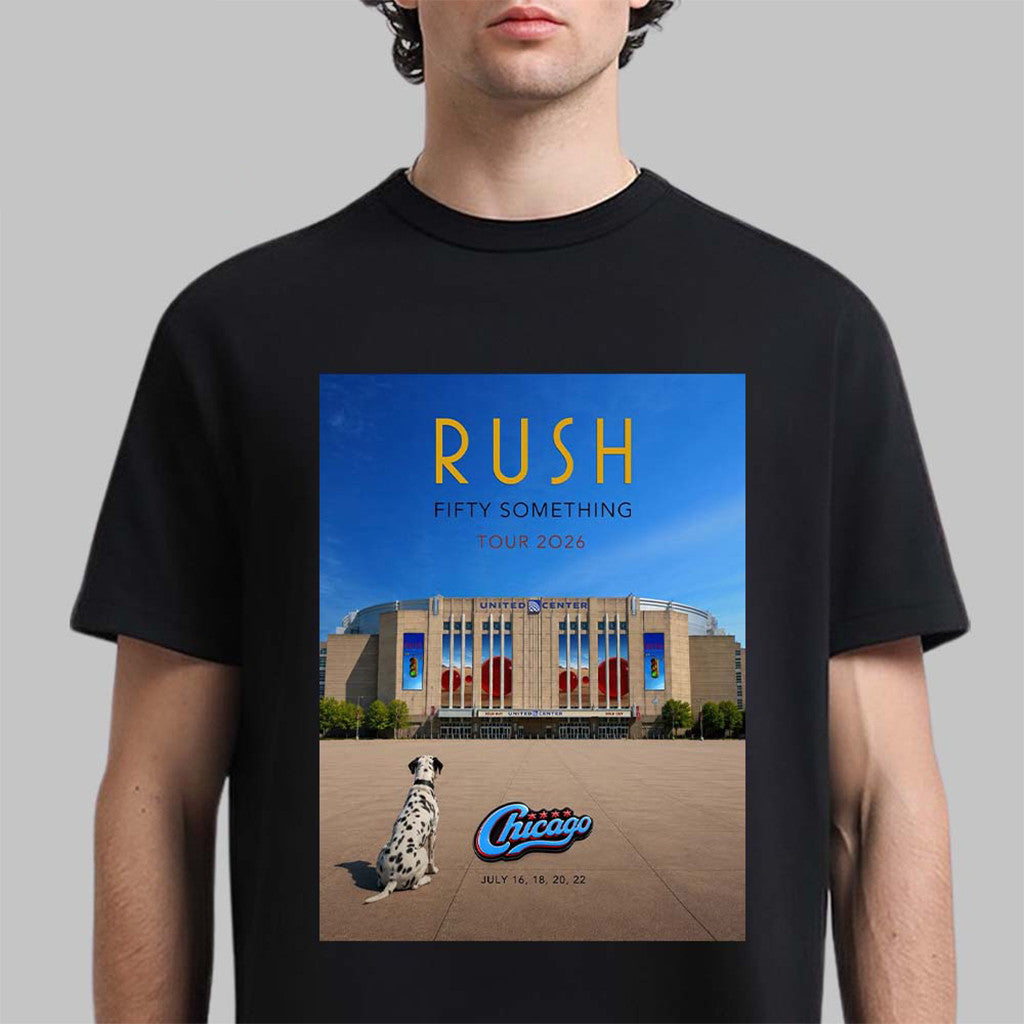 Rush Chicago IL 2026 Event Specific Litho Poster T-Shirt Black RUSH Fifty Something Tour Merch - Merchluma
