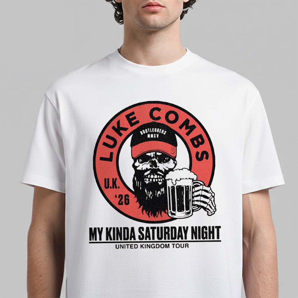 Luke Combs My Kinda Saturday Night Tour 2026 Merch Pop Up Skeleton With Beer T-Shirt Fan Gifts - Merchluma