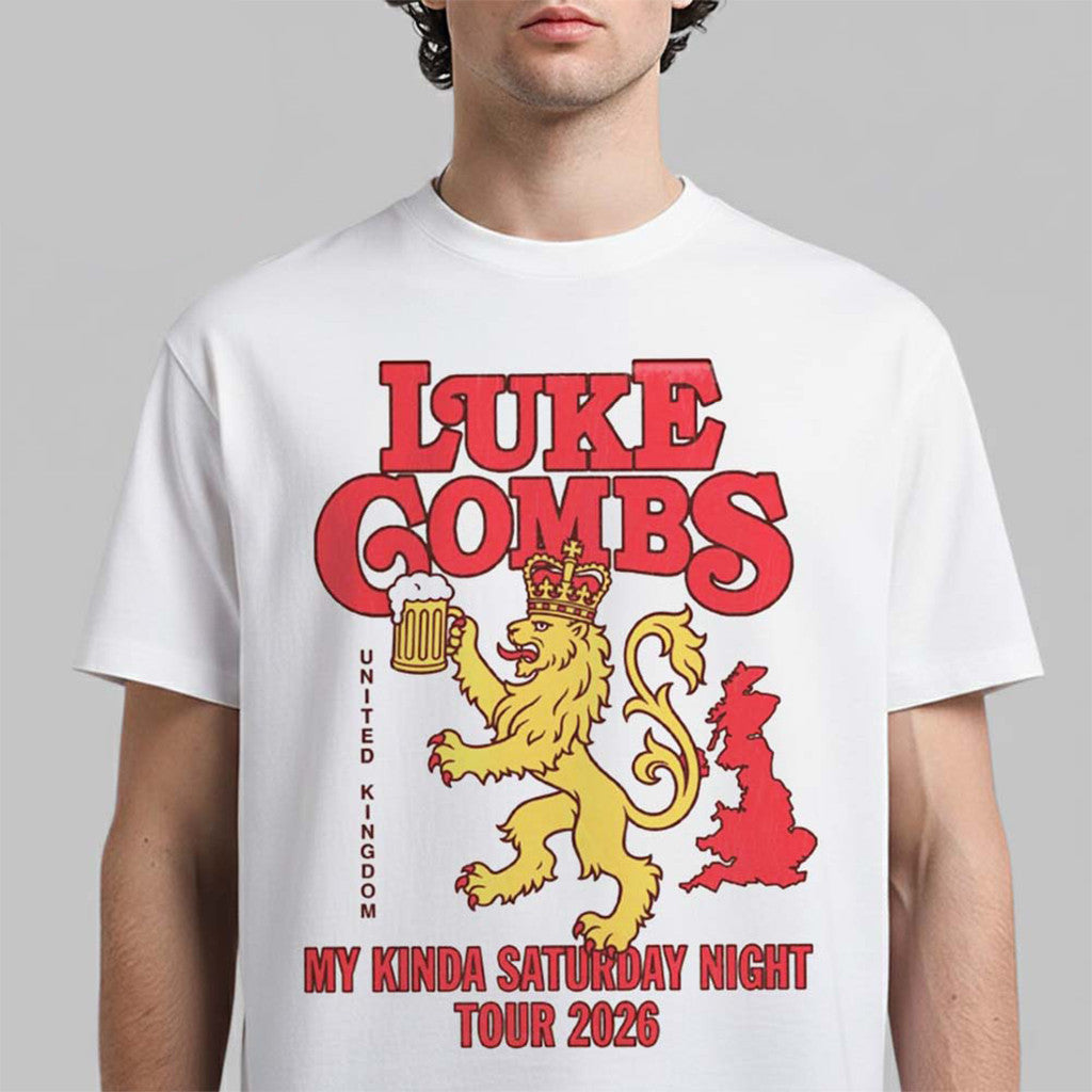 Luke Combs My Kinda Saturday Night Tour 2026 Merch Pop Up The Lion King Holding Beer Shirt White - Merchluma