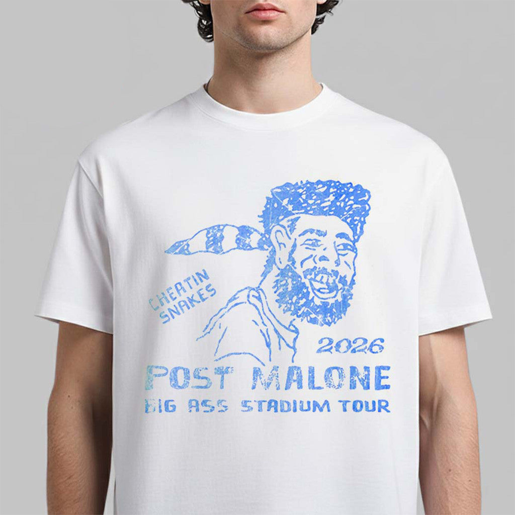Post Malone X Cheatin Snakes 2026 Big Ass Stadium Tour T-Shirt White Post Malone Tour Merch - Merchluma