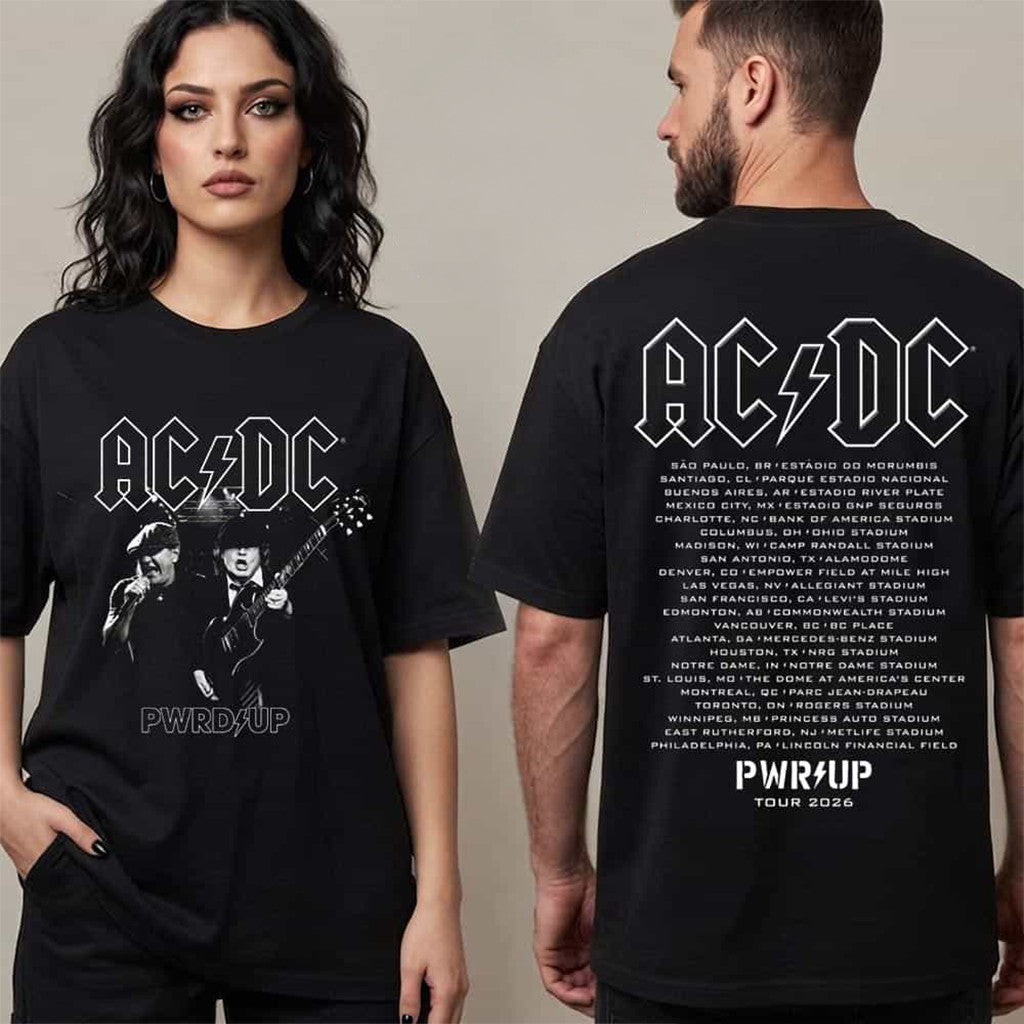 ACDC Pwr Up Tour 2026 Merch Angus and Brian Pwr Up 26 Tour Schedule Tour Dates T-Shirt Fan Gift - Merchluma