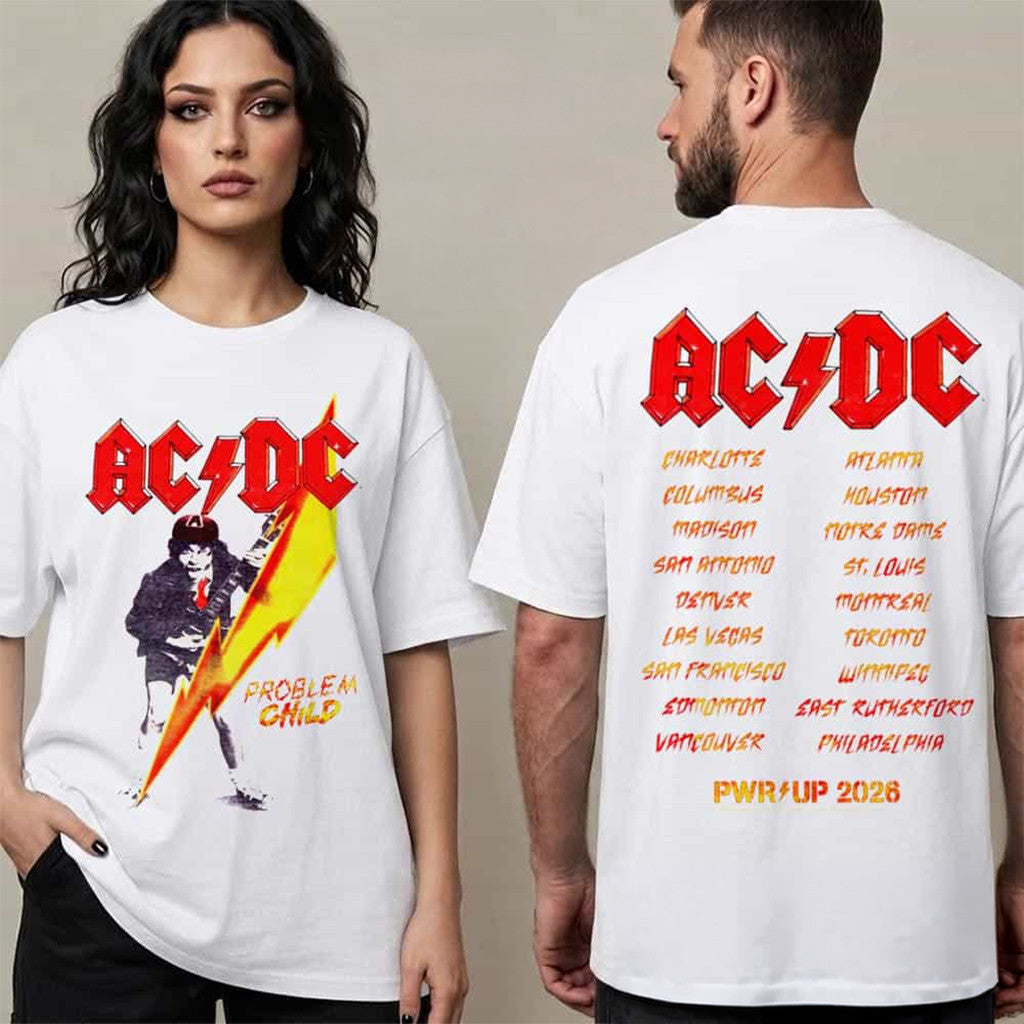 ACDC Pwr Up Tour 2026 Merch Problem Child Cities Tour 2026 T-Shirt White Gift For Rock Fans - Merchluma