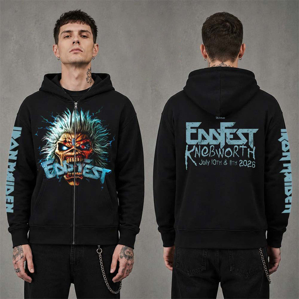 Iron Maiden EddFest 2026 Knebworth Merch Eddie Head Zip Up Hoodie Best Gifts For Music Lovers - Merchluma
