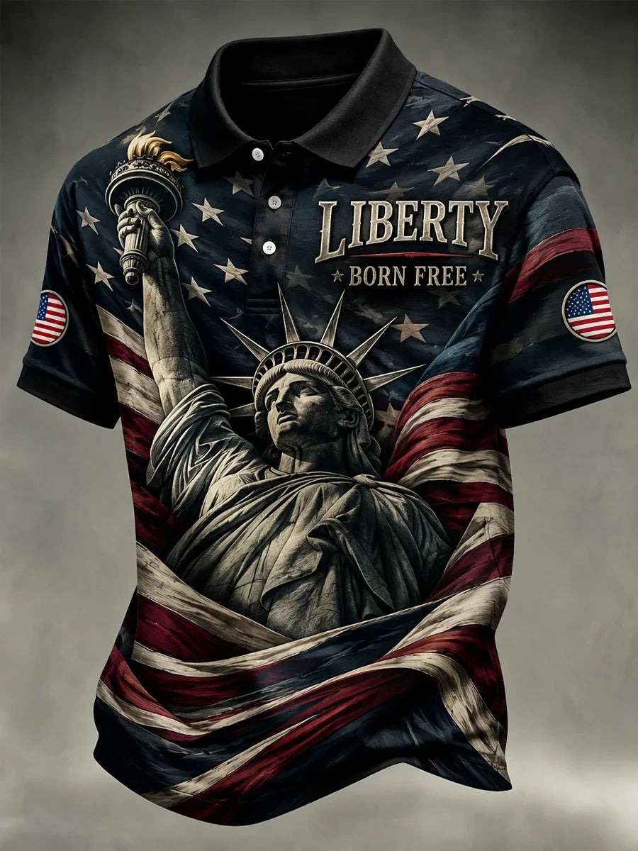 Liberty Born Free Polo Shirt Statue Of Liberty Merch Proud Patriotic Gift - Merchluma