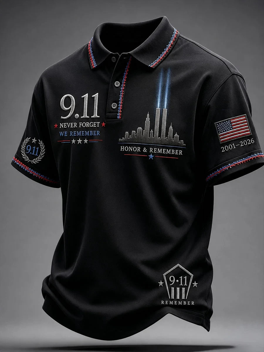 Never Forget 911 We Remember Polo Shirt Honoring Fireman Patriot Day Merch Dad Gift - Merchluma