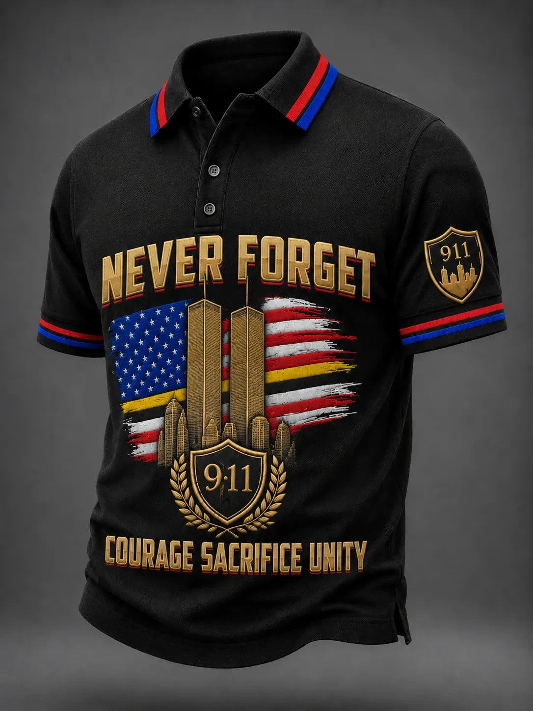 9-11 We Will Never Forget Twin Towers Polo Shirt Courage Sacrifice Unity Merch Patriot Day Gift - Merchluma