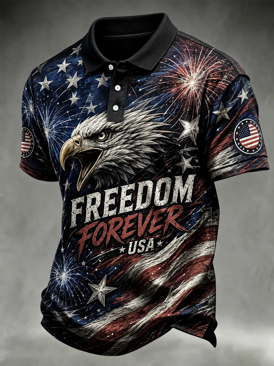 Freedom Forever Polo Shirt Patriotic Eagle American Flag Merch Proud Veteran Gift - Merchluma