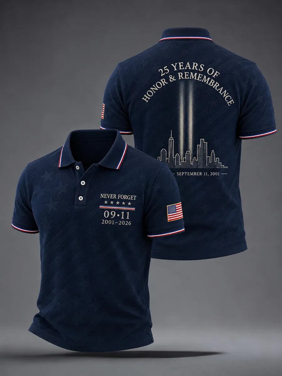 911 25th Anniversary We Will Never Forget Polo Shirt USA Patriotic Eagle Merch Patriot Day Gift - Merchluma
