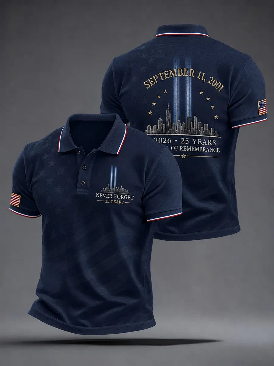 We Will Never Forget September 11 Twin Towers Polo Shirt 25 Anniversary Merch Patriotic Gift - Merchluma