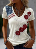 America Floral V-Neck T-Shirt 4th Of July Merch Patriotic Independence Day Gift - Merchluma