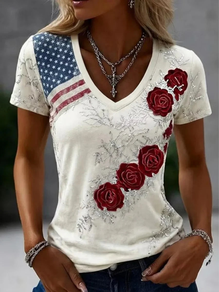 America Floral V-Neck T-Shirt 4th Of July Merch Patriotic Independence Day Gift - Merchluma