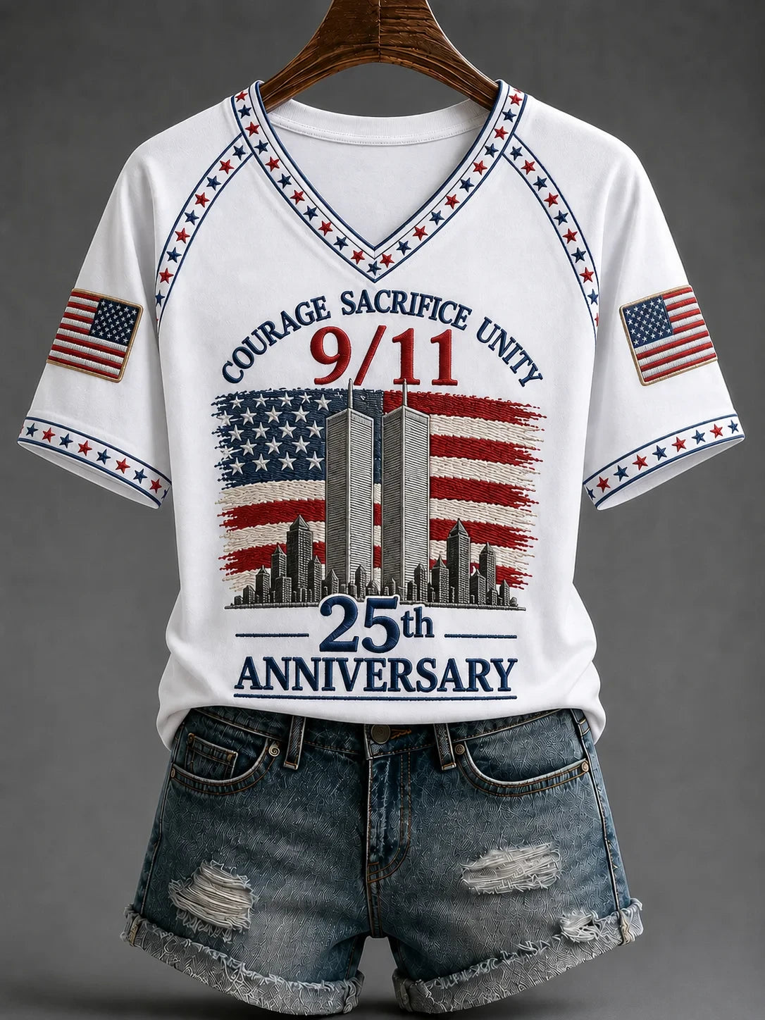 Courage Sacrifice Unity 9-11 V-Neck Shirt We Will Never Forget Merch Gift Ideas - Merchluma