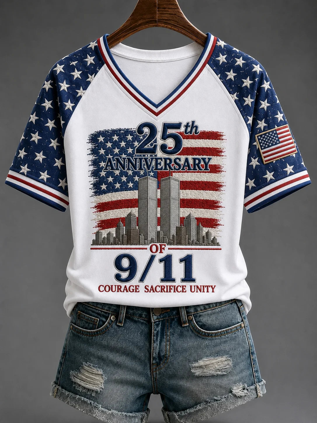 Courage Sacrifice Unity 9-11 V-Neck Shirt We Will Never Forget Merch Patriotic Women Gift - Merchluma