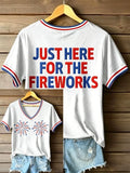 Just Here For The Fireworks V-Neck T-Shirt America 1776-2026 Merch Present Ideas - Merchluma