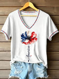 USA Floral 1776-2026 Floral V-Neck T-Shirt United States Of America Merch Present Ideas - Merchluma