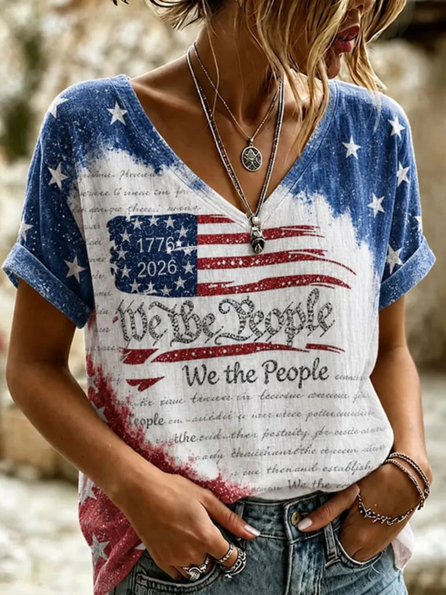 We The People V-Neck Shirt American Flag Merch Proud Patriotic Women Gift - Merchluma