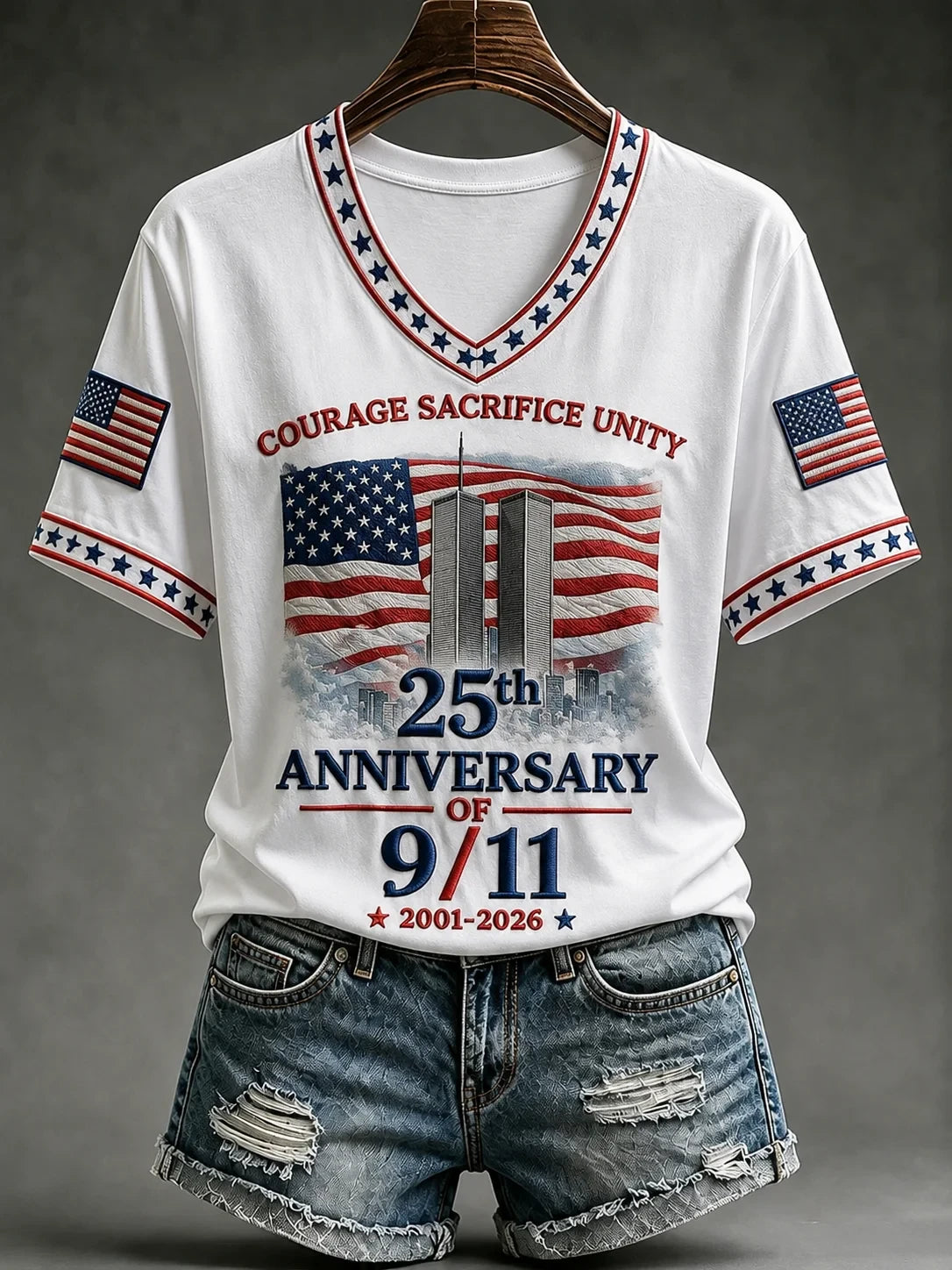 Courage Sacrifice Unity 911 Twin Towers V-Neck Shirt American 25th Anniversary Merch Memorial Gift - Merchluma