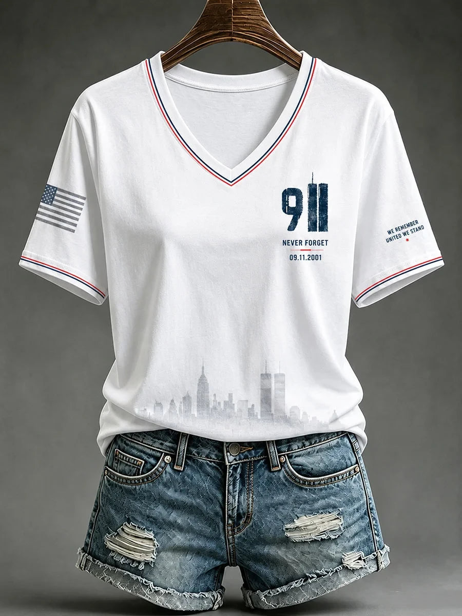Never Forget 9-11 343 Fireman V-Neck Shirt Twin Towers Merch We Will Never Forget Gift - Merchluma