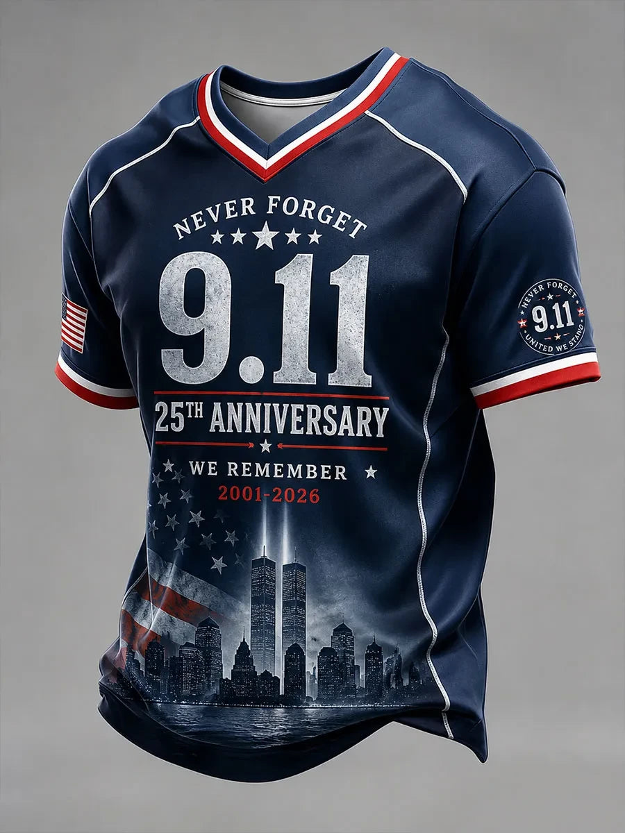 Never Forget 9-11 25th Anniversary V-Neck Shirt We Will Never Forget Merch Patriot Day Gift - Merchluma