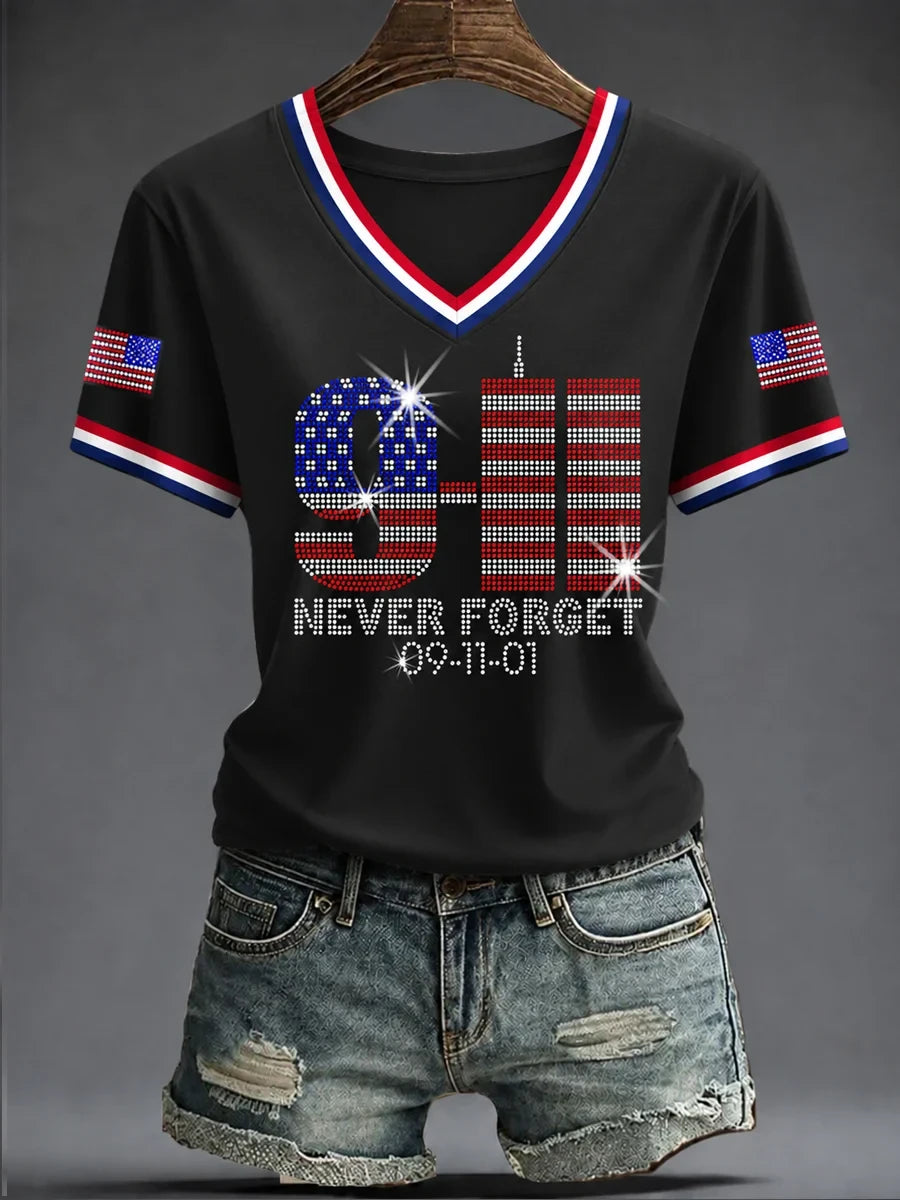 Never Forget 911 V-Neck Shirt Honoring 343 Fireman Twin Towers Merch We Will Never Forget Gift - Merchluma