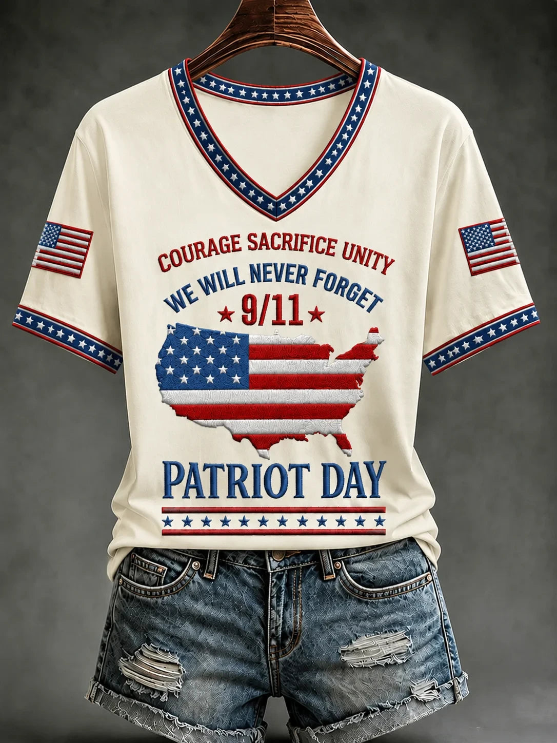 Courage Sacrifice Unity 9-11 V-Neck Shirt We Will Never Forget Merch Memorial Gift Ideas - Merchluma