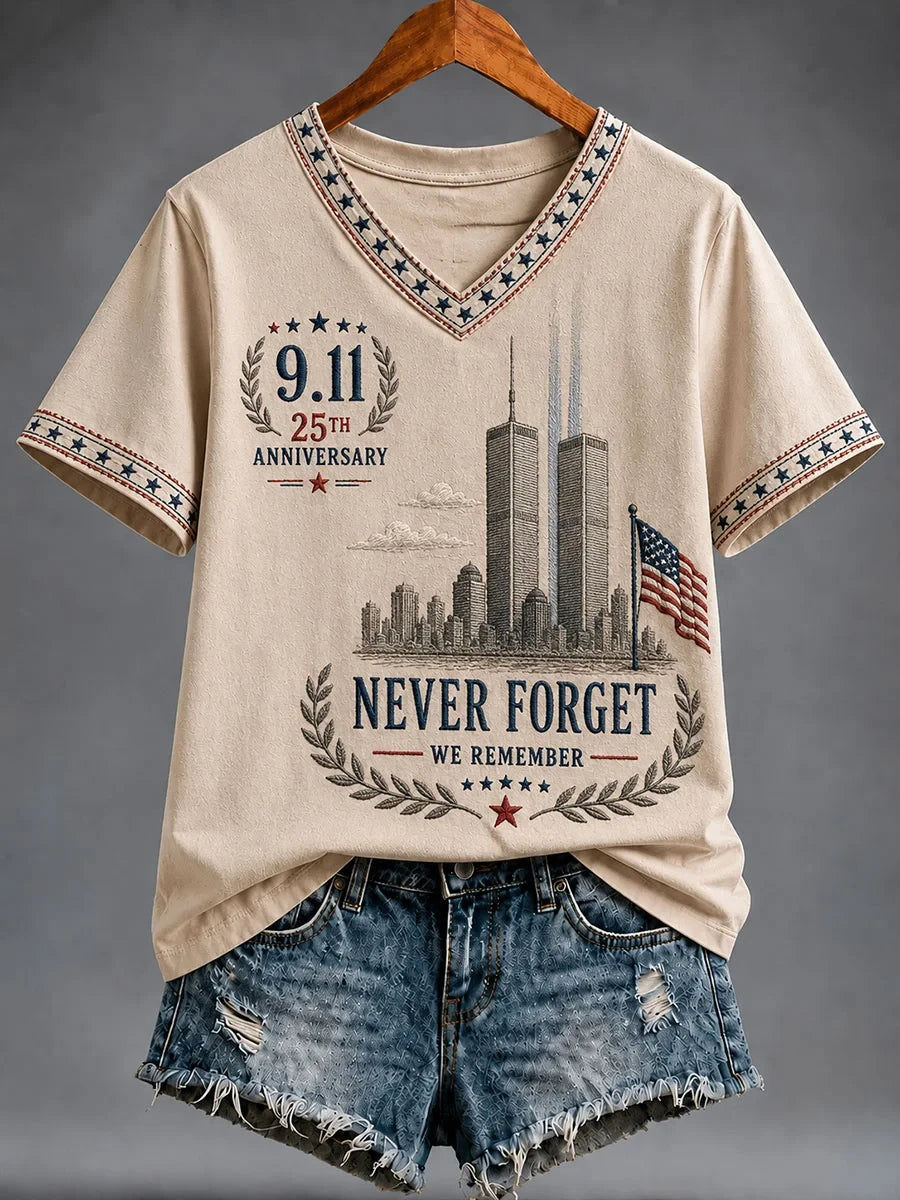 Never Forget 9-11 25th Anniversary V-Neck Shirt We Will Never Forget Merch Gifts For Her - Merchluma