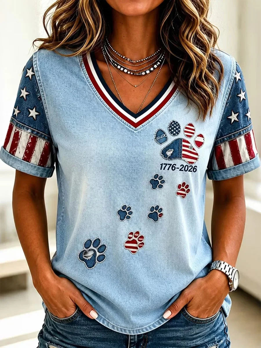 USA American Flag V-Neck Shirt Stars Stripes Paw Merch Proud Patriotic Women Gift - Merchluma