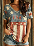 USA American Flag V-Neck Shirt Stars Stripes Merch Proud Patriotic Women Gift - Merchluma