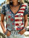 USA Floral American Flag V-Neck Shirt Stars Stripes Merch Patriotic Women Gift Ideas - Merchluma