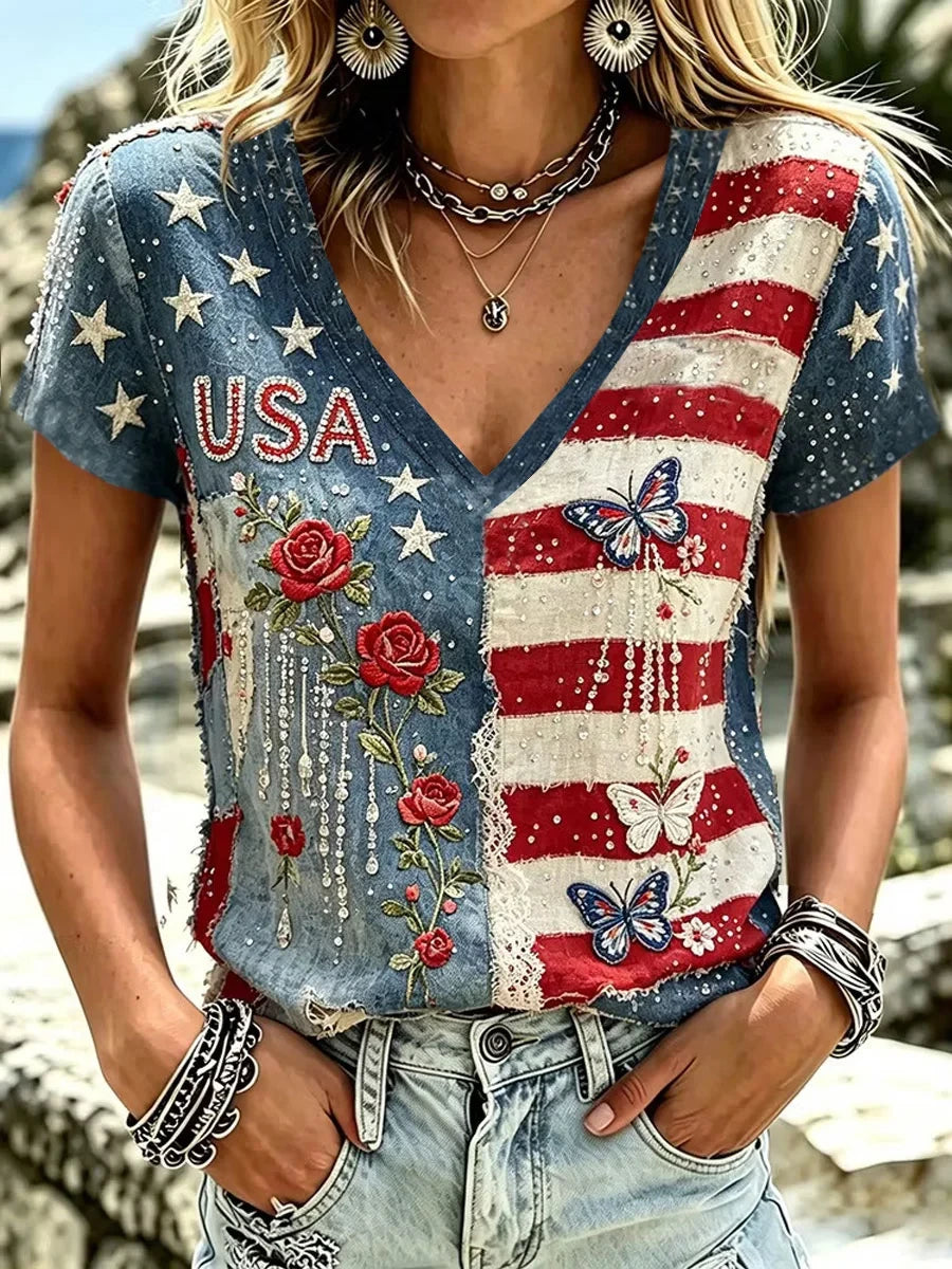 USA Floral American Flag V-Neck Shirt Stars Stripes Merch Patriotic Women Gift Ideas - Merchluma