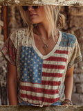 Vintage American Flag V-Neck T-Shirt American Flag Merch Present For Her - Merchluma