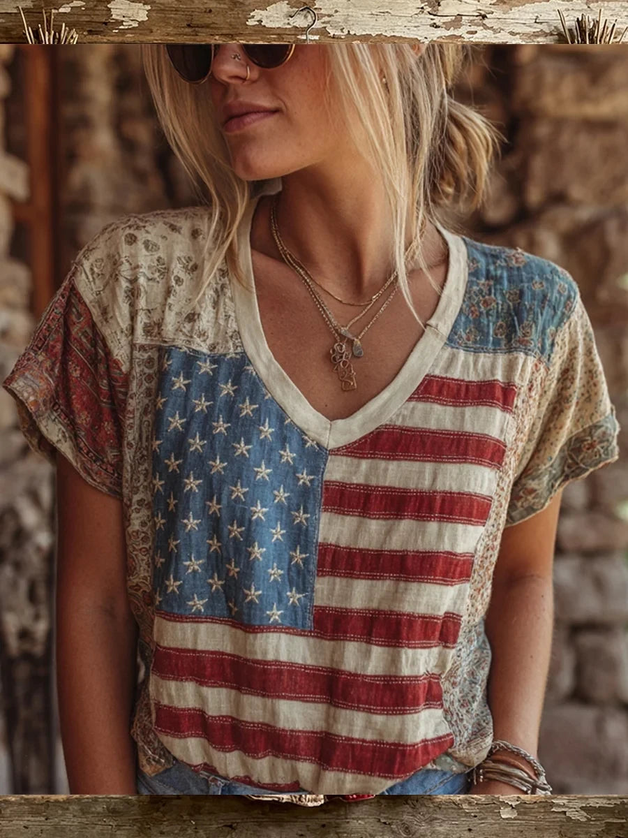 Vintage American Flag V-Neck T-Shirt American Flag Merch Present For Her - Merchluma