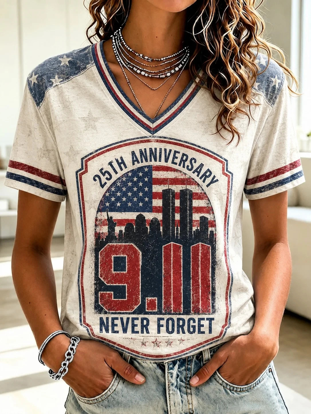 9 11 Never Forget V-Neck T-Shirt 25th Anniversary Merch September 11 Memorial Gift - Merchluma