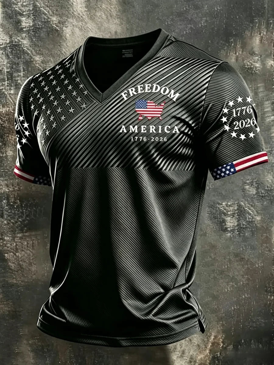 Freedom America American Flag V-Neck Shirt 1776- 2026 Patriotic Merch Proud Patriotic Gift - Merchluma