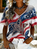 USA American Flag V-Neck Shirt Stars Stripes July 4 1776 July 4 2026 Merch Proud Patriotic Gifts - Merchluma
