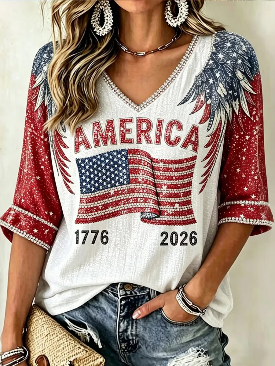 America 1776-2026 Cropped Sleeve V-Neck T-Shirt 4th Of July Merch Patriotic Gift For Mom - Merchluma