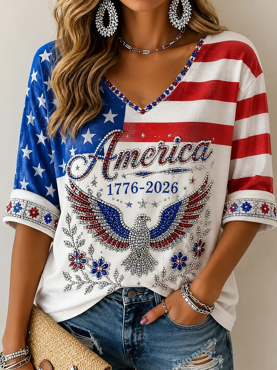 America 1776-2026 Cropped Sleeve V-Neck T-Shirt 4th Of July Merch Patriotic Gift Ideas - Merchluma