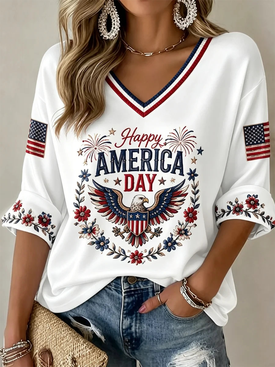 Happy American Flag Cropped Sleeve V-Neck T-Shirt 4th Of July Merch Patriotic Women's Gift - Merchluma