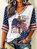Stand For The Flag Cropped Sleeve V-Neck T-Shirt 4th Of July Merch Christian Gift - Merchluma