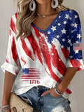 American Flag Stars Cropped Sleeve V-Neck T-Shirt 4th Of July Merch Patriotic Women's Gift - Merchluma