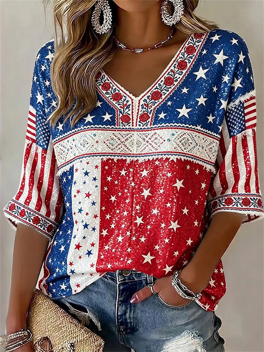 Boho Roses American Flag Cropped Sleeve V-Neck T-Shirt America 1776-2026 Merch Best Gifts - Merchluma