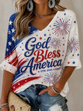 God Bless America Cropped Sleeve V-Neck T-Shirt American Flag Merch Patriotic Gift - Merchluma