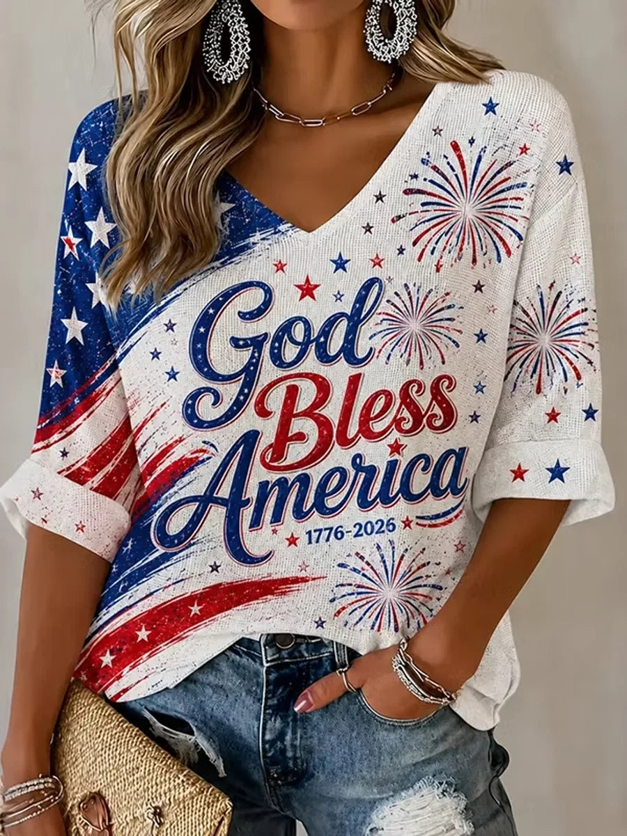 God Bless America Cropped Sleeve V-Neck T-Shirt American Flag Merch Patriotic Gift - Merchluma