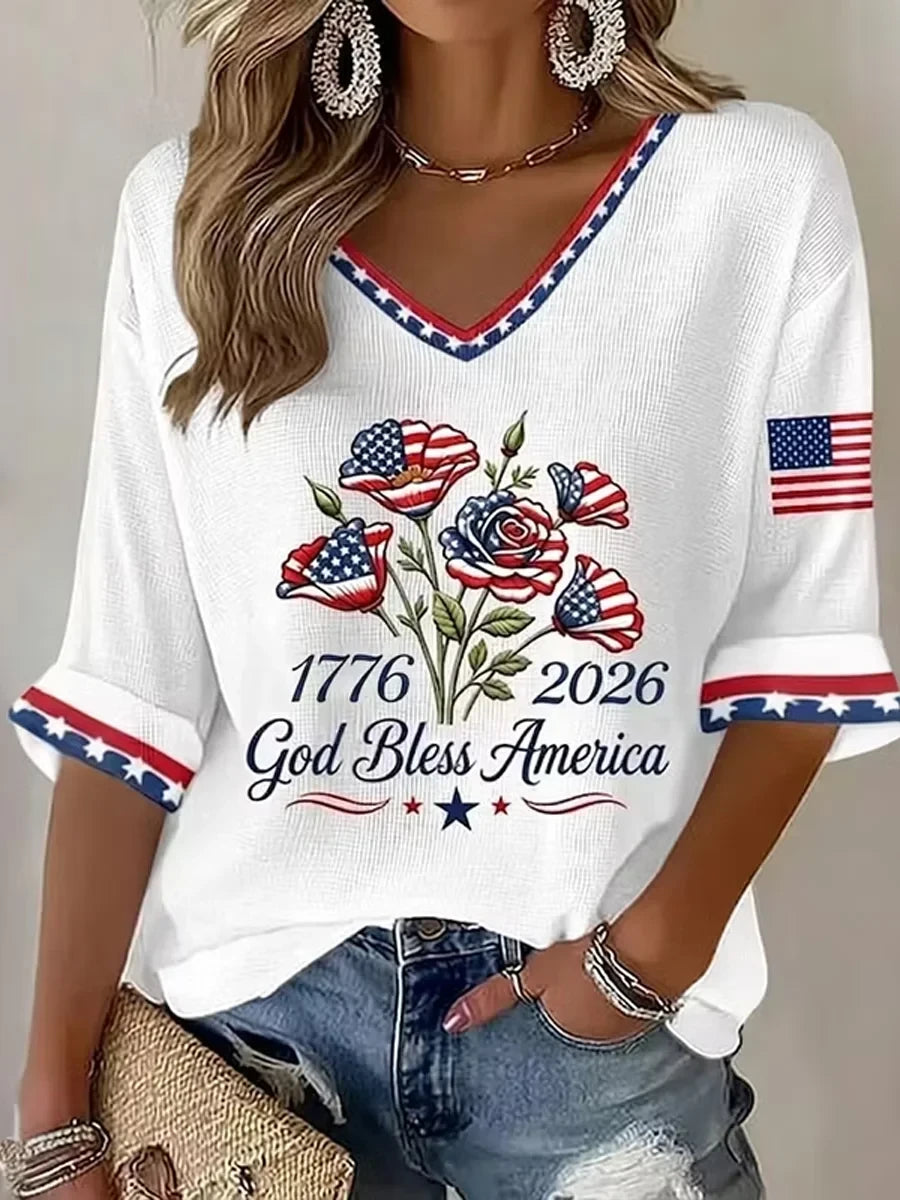 1776-2026 God Bless American Flag Cropped Sleeve V-Neck T-Shirt 4th Of July Merch Gift - Merchluma