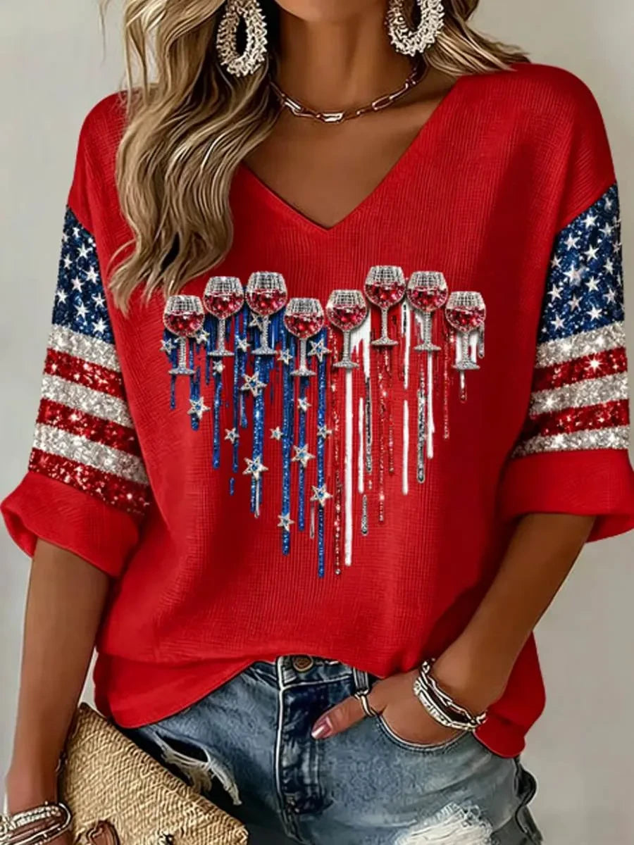 America 1776-2026 Cropped Sleeve V-Neck T-Shirt 4th Of July Merch Proud Patriotic Gift - Merchluma
